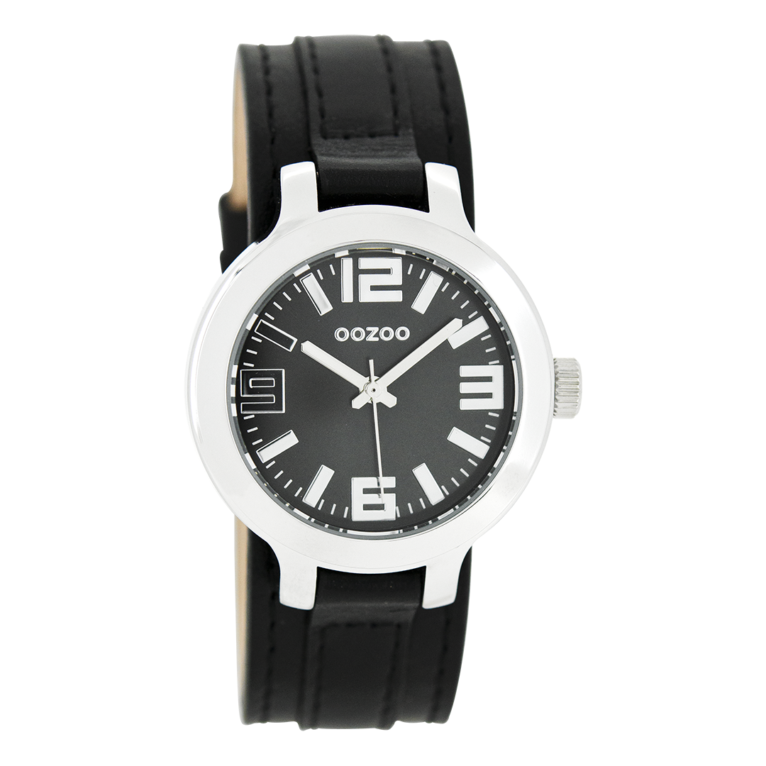 OOZOO Montre en couleur argent avec bracelet en cuir en noir - C8709