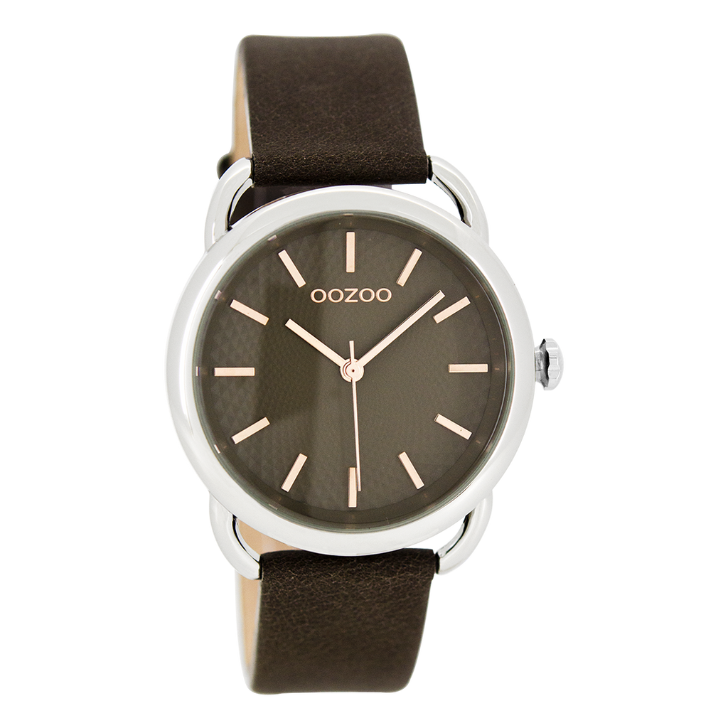 Zilverkleurige OOZOO horloge met bruine leren band - C8719
