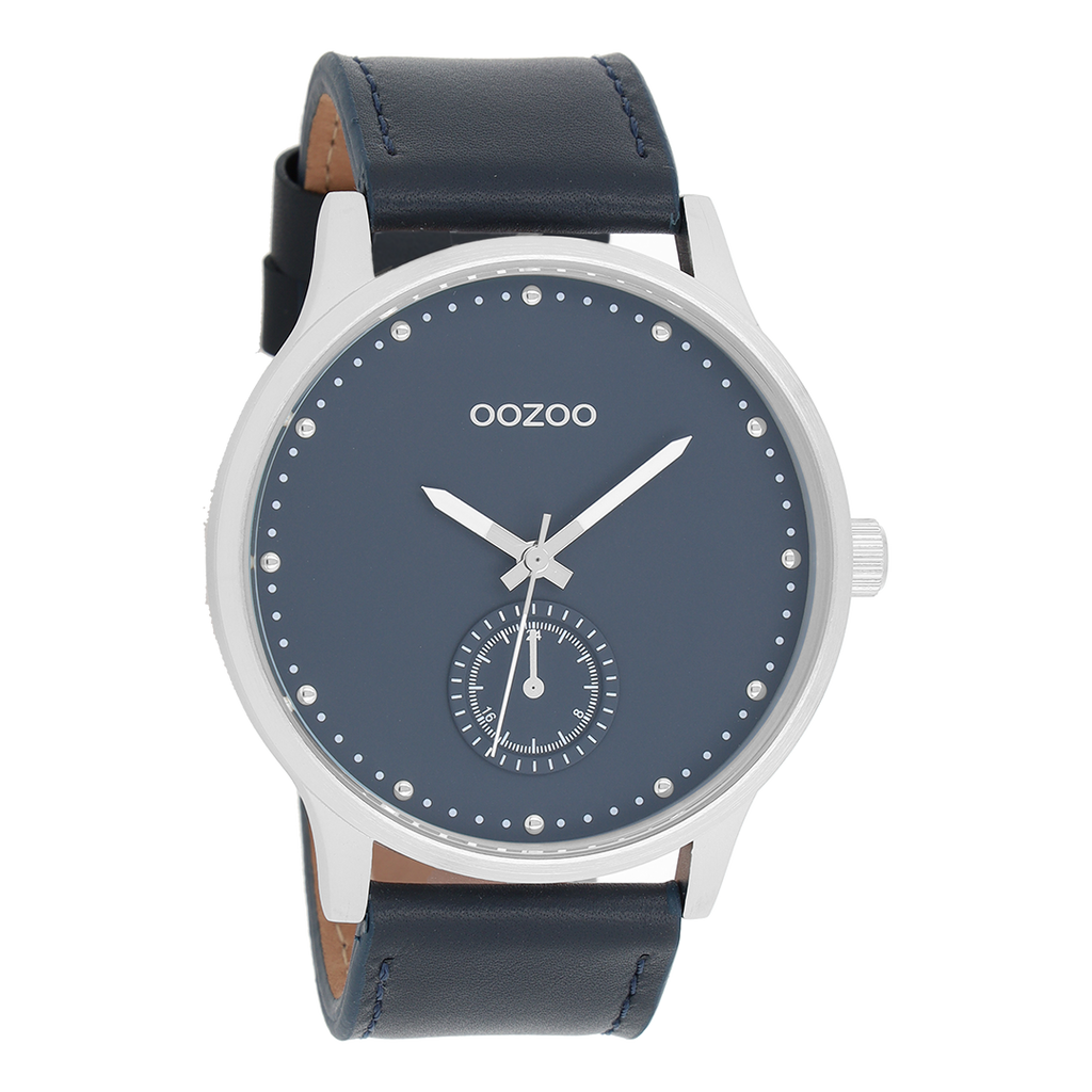 Silver coloured OOZOO watch with dark blue leather strap - C9008