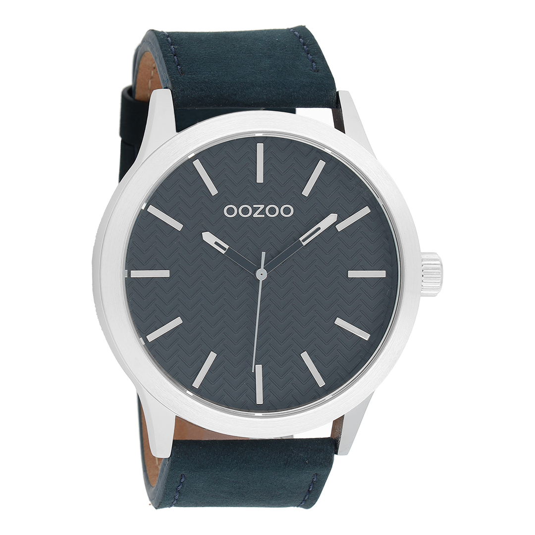 Silver coloured OOZOO watch with dark blue leather strap - C9013