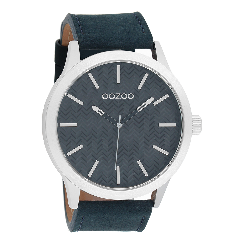 Zilverkleurige OOZOO horloge met donker blauwe leren band - C9013