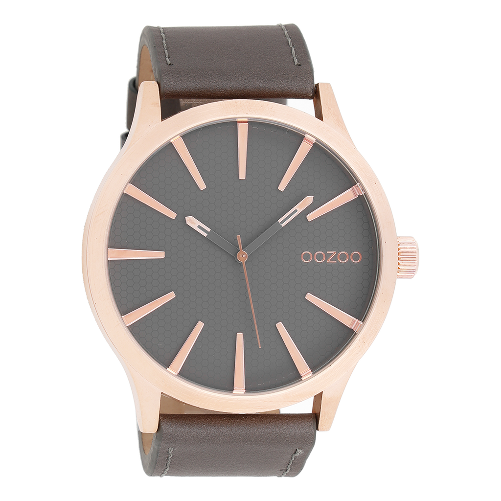 OOZOO Montre en couleur or rose avec bracelet en cuir en gris éléphant - C9042