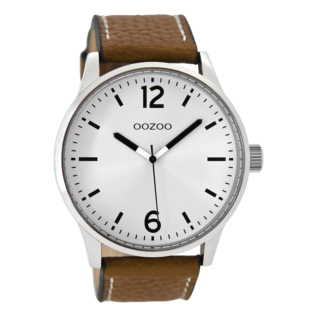 Silver coloured OOZOO watch with cognac leather strap - C9045
