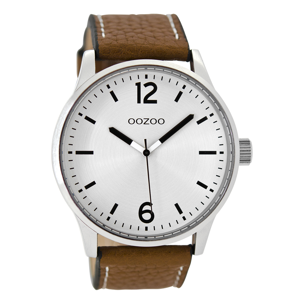 Silver coloured OOZOO watch with cognac leather strap - C9045