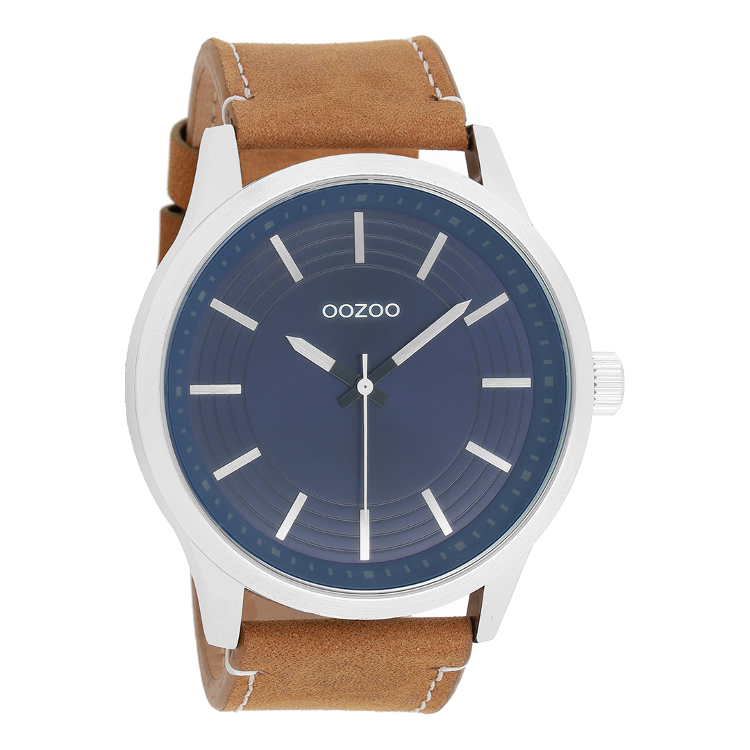 Silver coloured OOZOO watch with camel leather strap - C9075