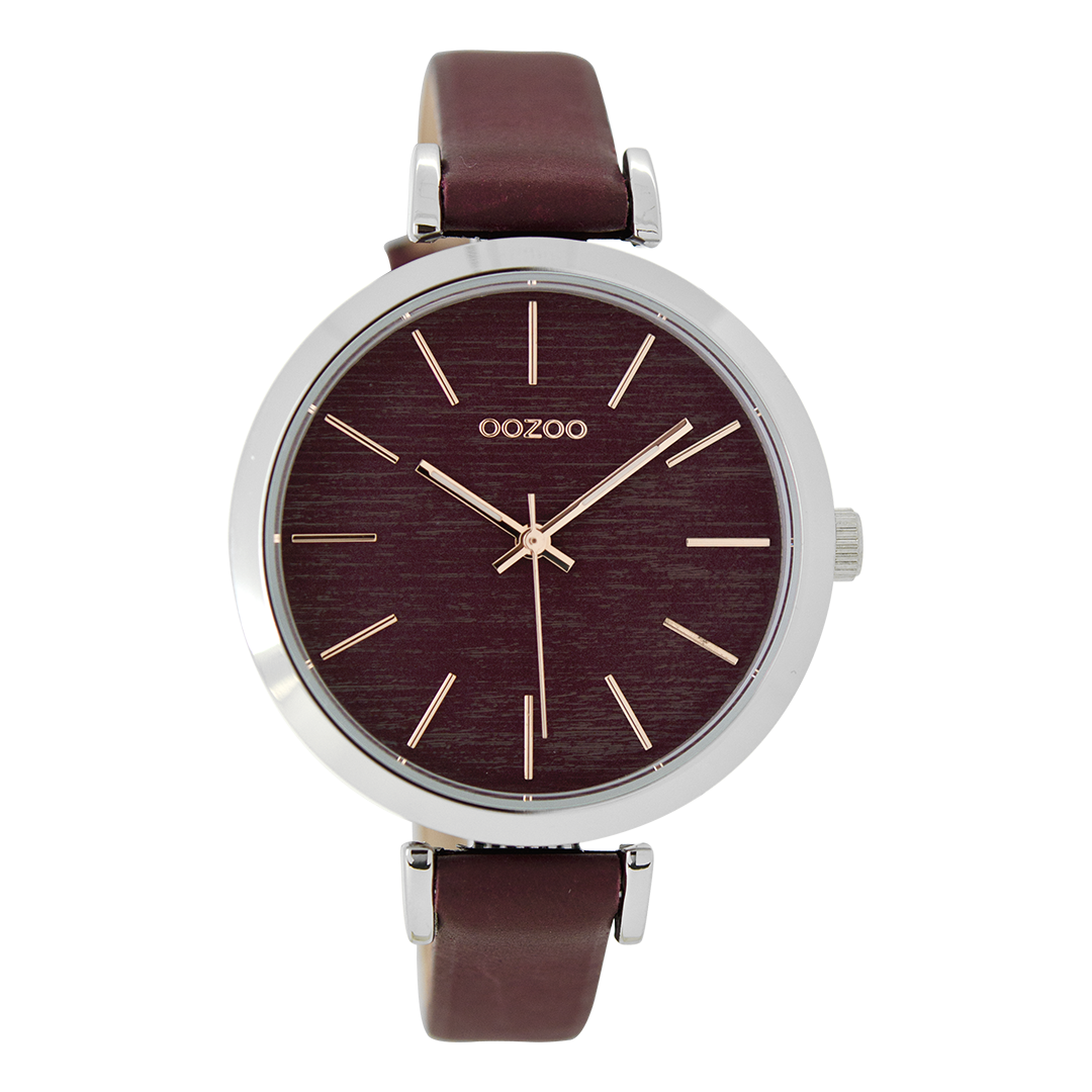 Silver coloured OOZOO watch with burgundy leather strap - C9137