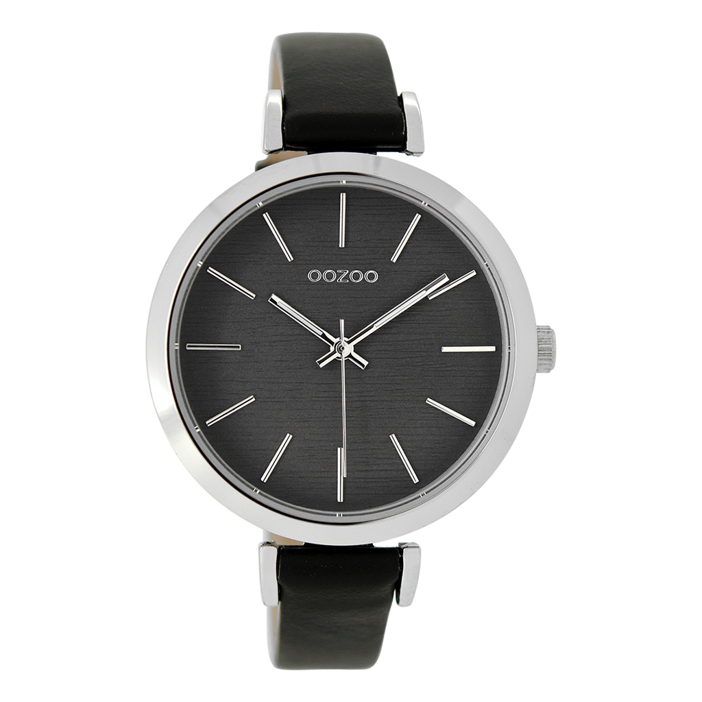 Silver coloured OOZOO watch with black leather strap - C9139