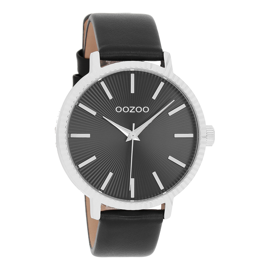Silver coloured OOZOO watch with black leather strap - C9199