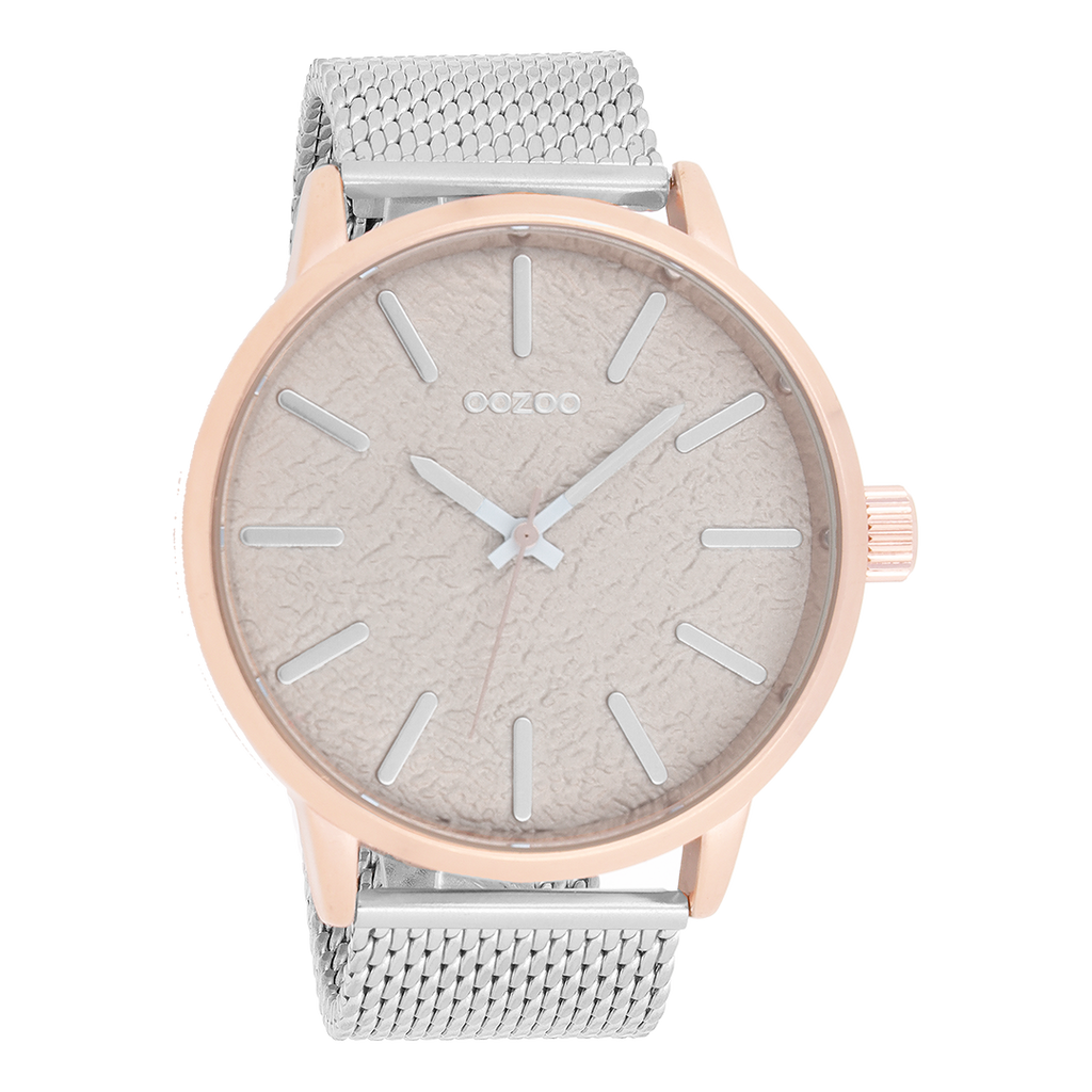 Rosé goudkleurige OOZOO horloge met zilverkleurige metalen mesh armband - C9232