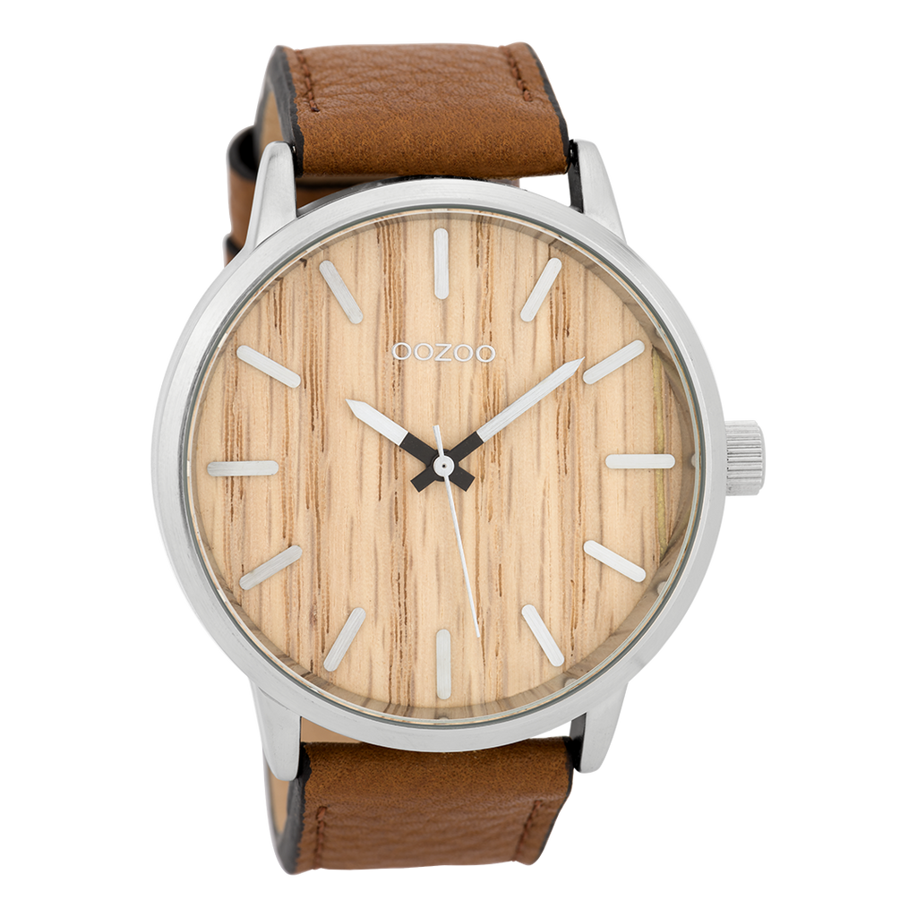 Zilverkleurige OOZOO horloge met cognac leren band - C9256