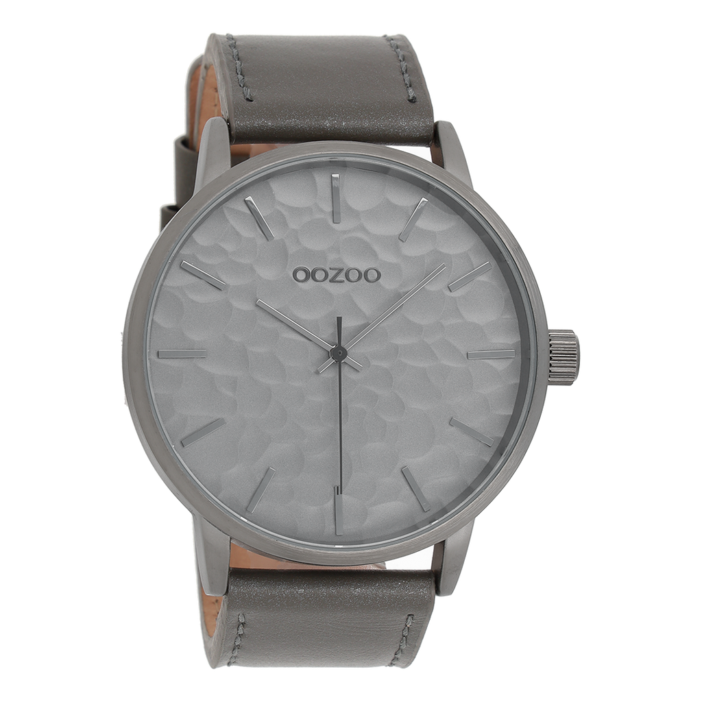 Zilverkleurige OOZOO horloge met olifant grijze leren band - C9440