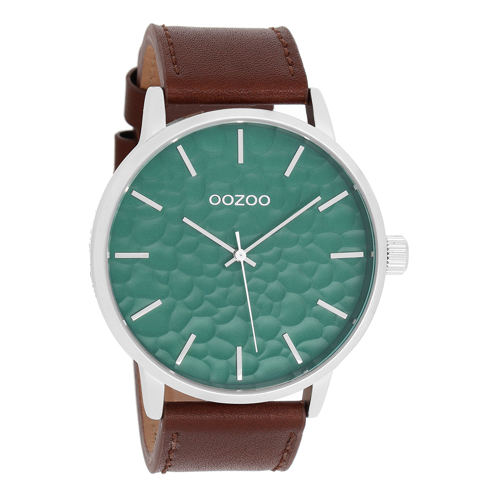 Zilverkleurige OOZOO horloge met bruine leren band - C9441