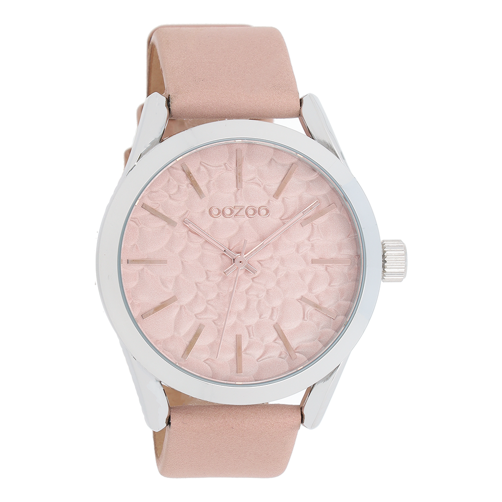 Zilverkleurige OOZOO horloge met oud roze leren band - C9472