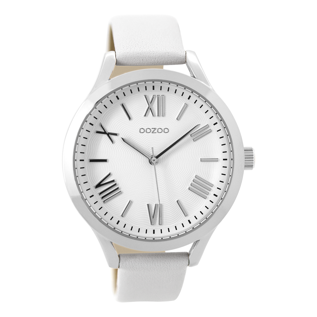 Silver coloured OOZOO watch with white leather strap - C9475