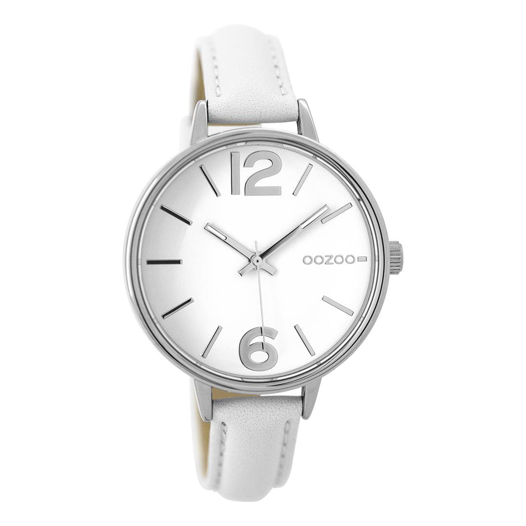 Silver coloured OOZOO watch with white leather strap - C9480