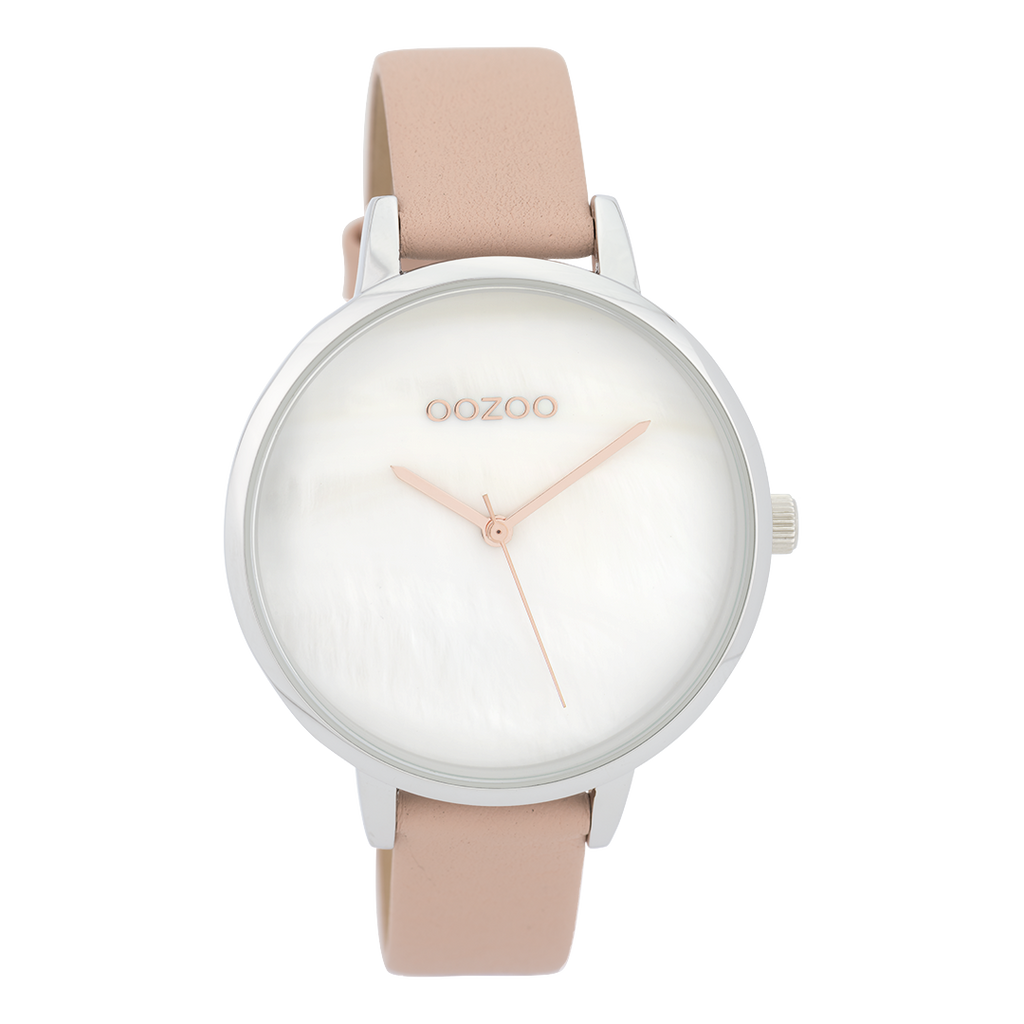 Zilverkleurige OOZOO horloge met zacht roze leren band - C9587