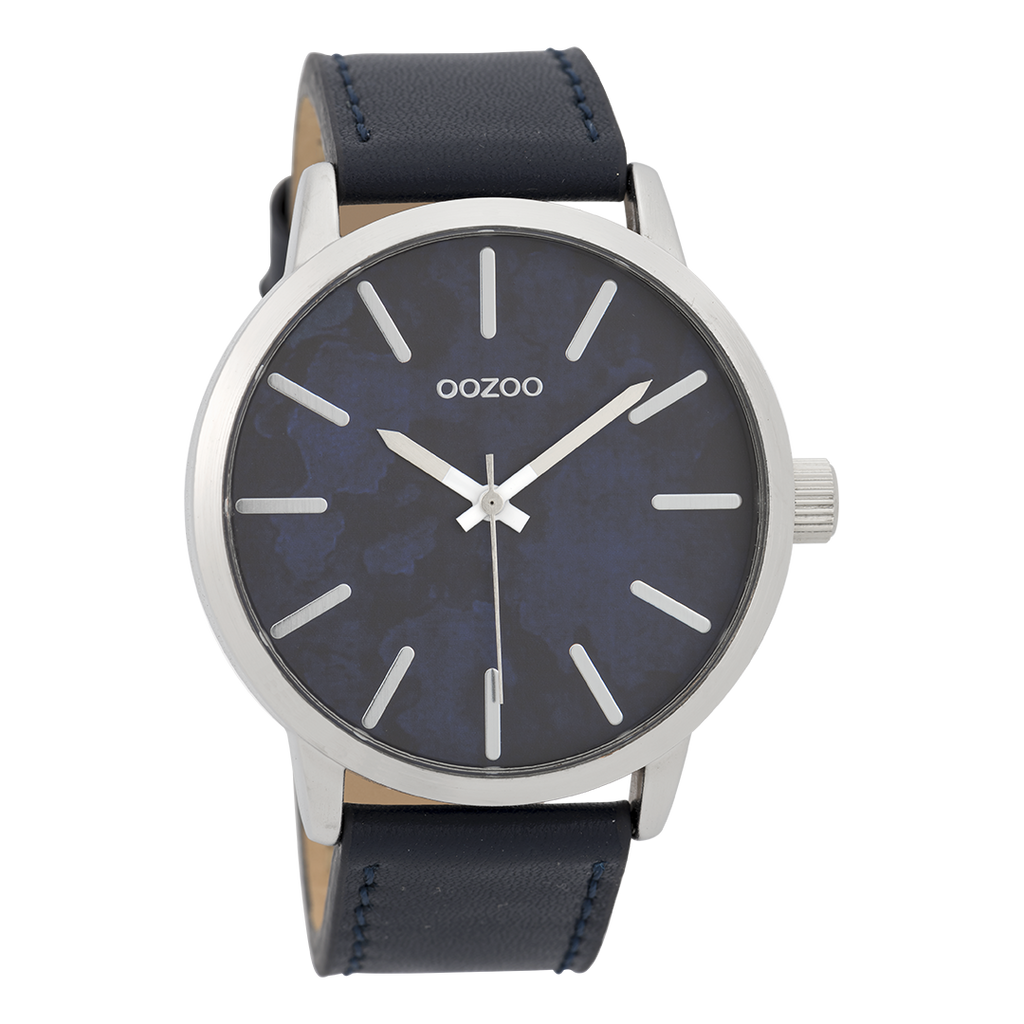 Silver coloured OOZOO watch with dark blue leather strap - C9602