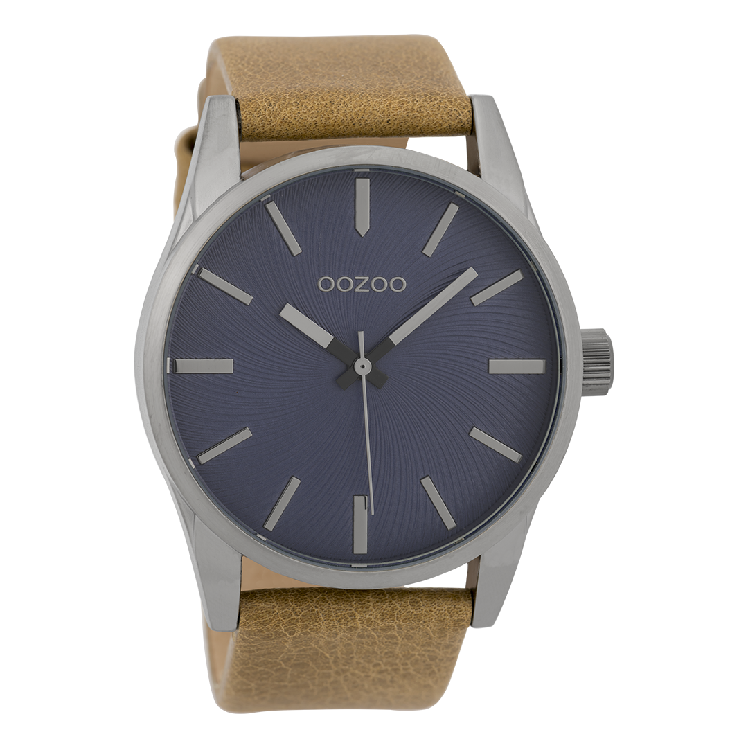 Silver coloured OOZOO watch with camel leather strap - C9625