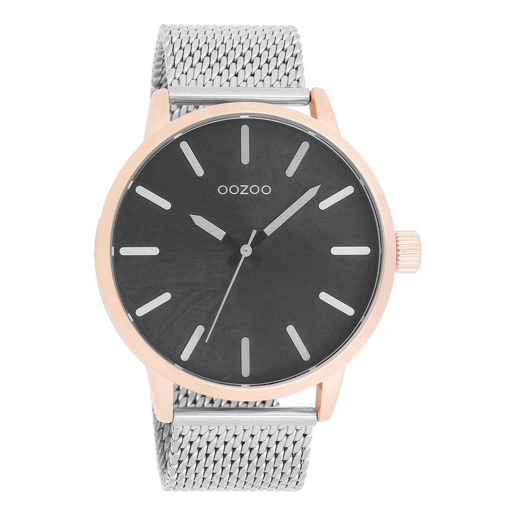 Rosé goudkleurige OOZOO horloge met zilverkleurige metalen mesh armband - C9657