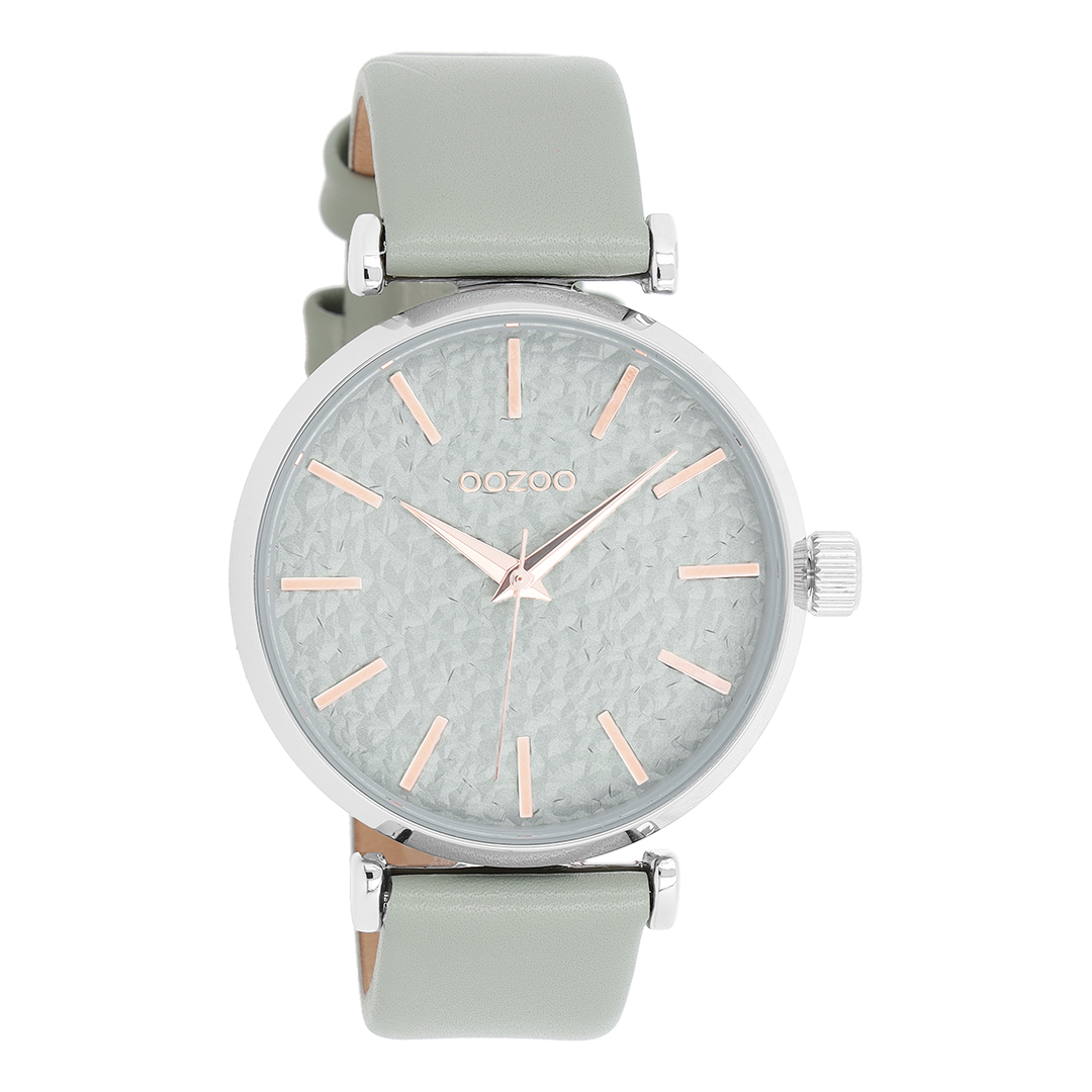 Silver coloured OOZOO watch with green grey leather strap - C9665