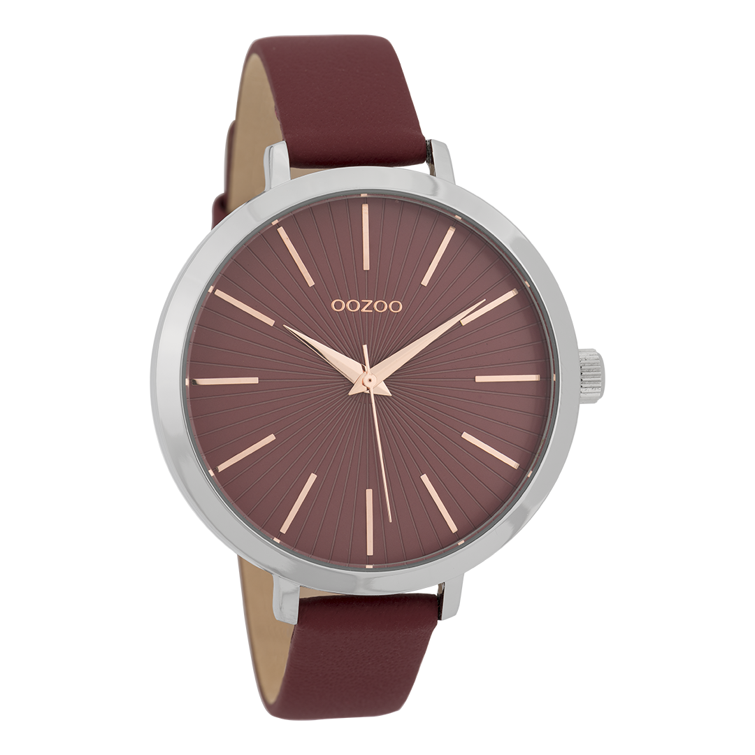 Silver coloured OOZOO watch with burgundy leather strap - C9673