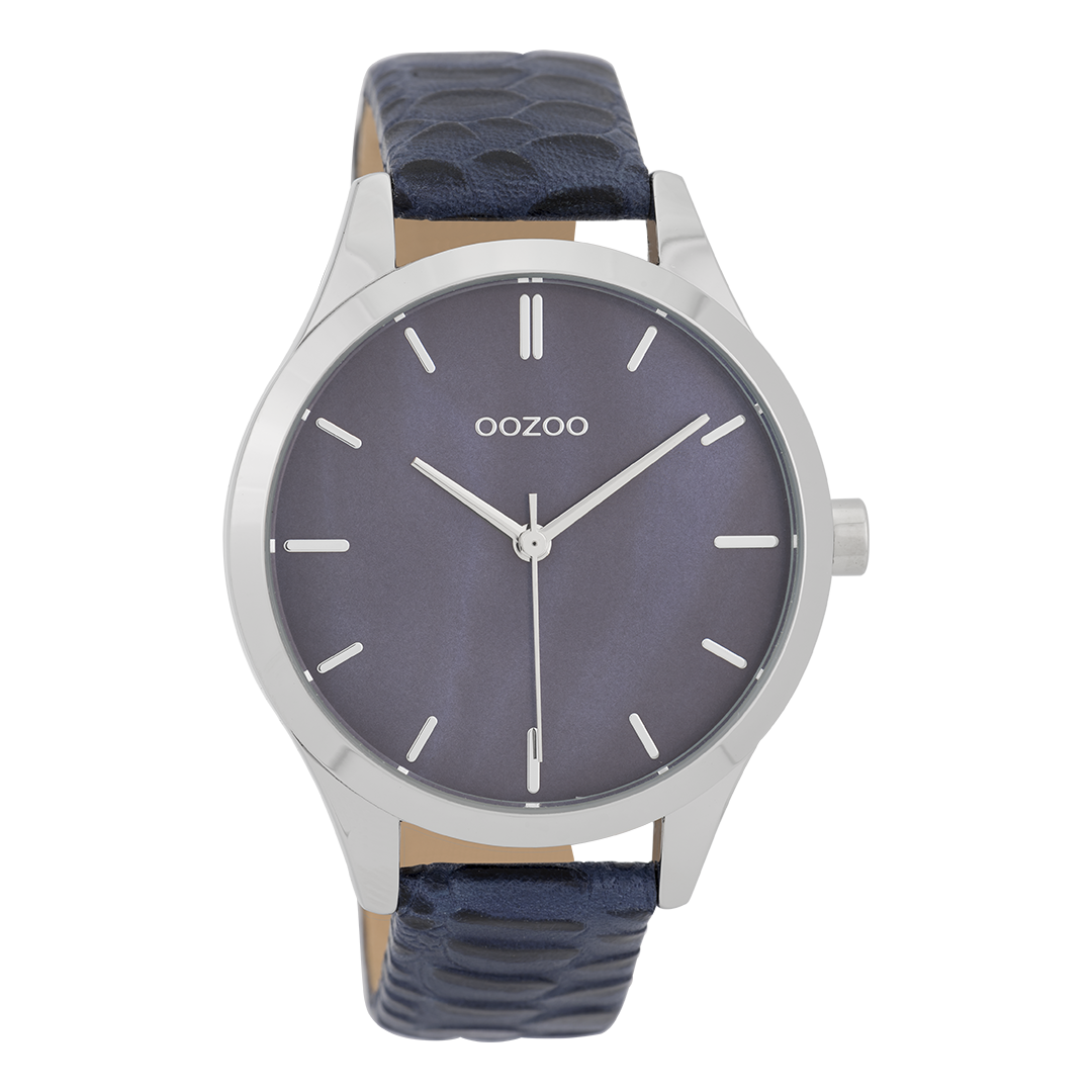 OOZOO Montre en couleur argent avec bracelet en cuir en bleu foncé - C9721