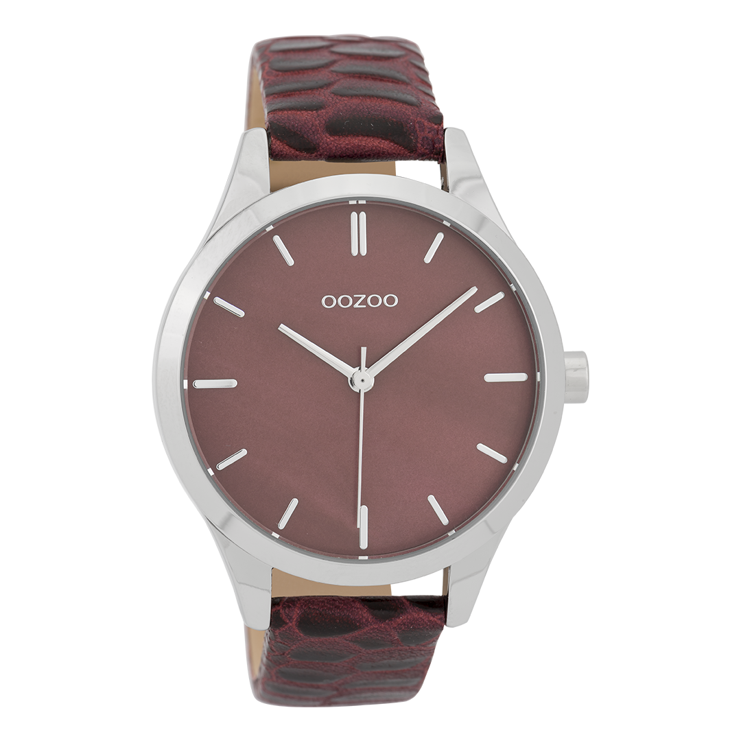 OOZOO Montre en couleur argent avec bracelet en cuir en bordeaux - C9722