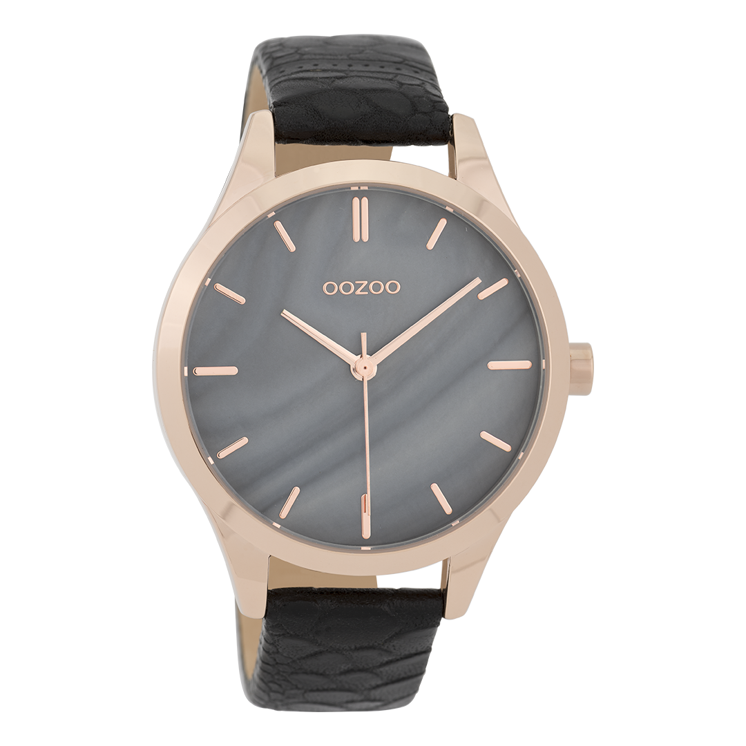 OOZOO Montre en couleur or rose avec bracelet en cuir en noir - C9724
