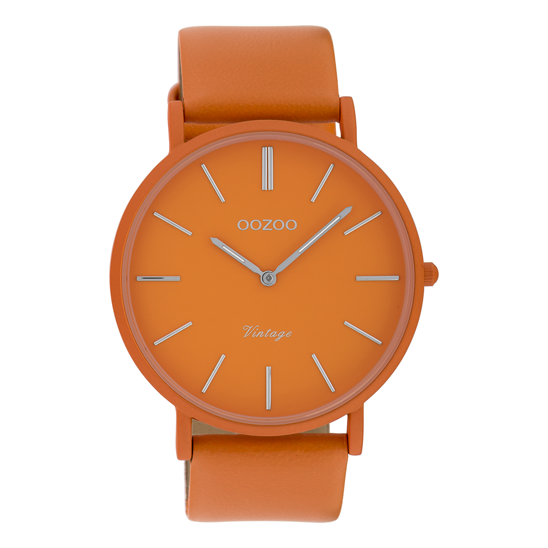 Orange watch with orange leather strap