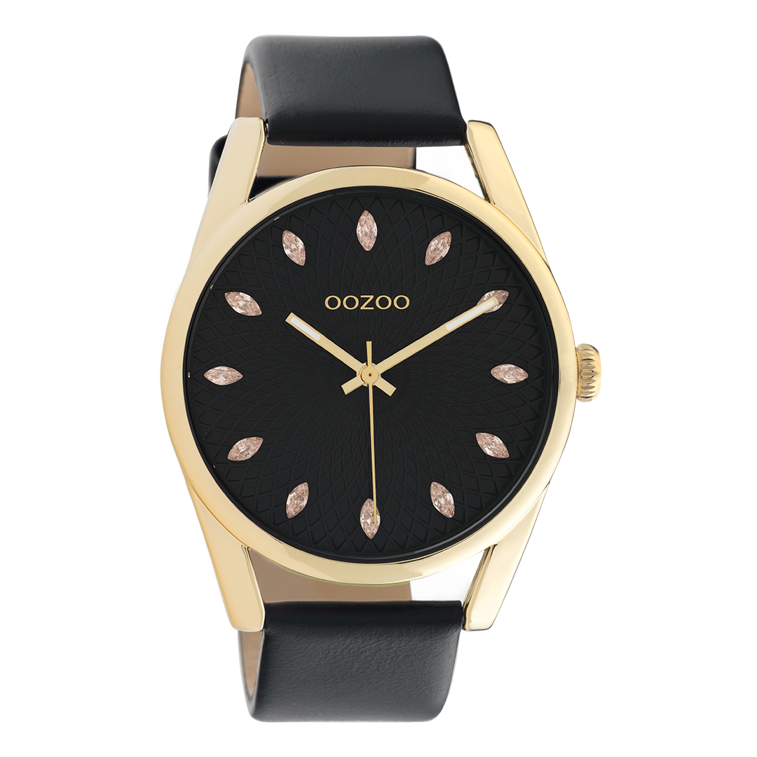 Goudkleurige OOZOO horloge met zwarte leren band - C10842