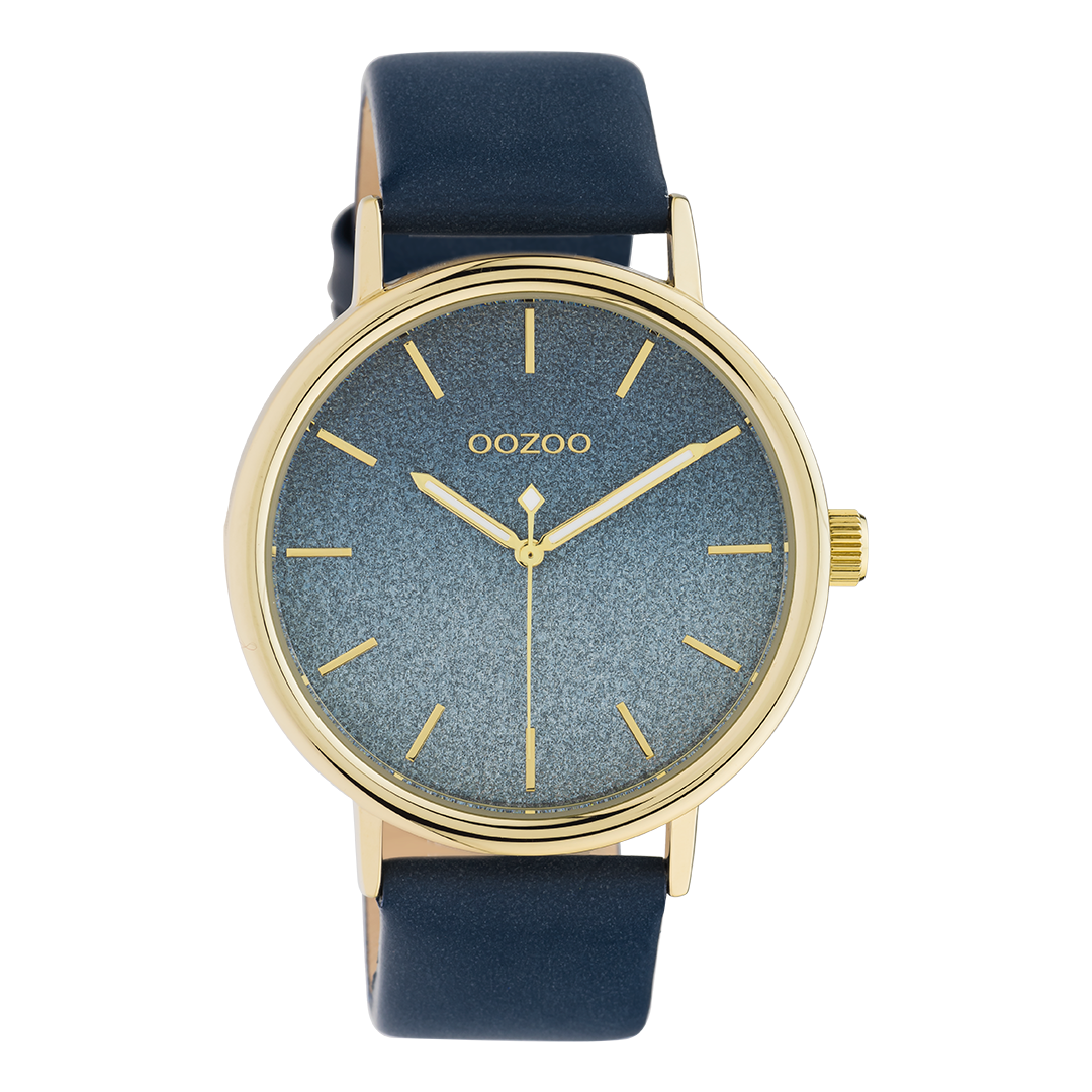 Goudkleurige OOZOO horloge met blauwe leren band - C10938