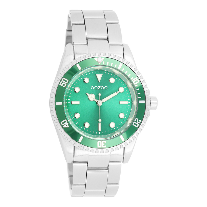 oozoo Zilverkleurig/groene OOZOO horloge met zilverkleurige roestvrijstalen  armband C11146 Winkel Horloges