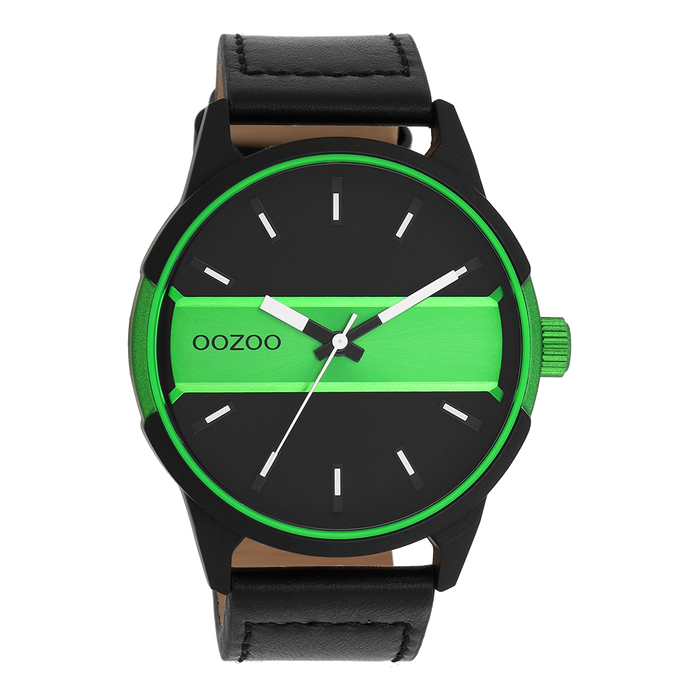 oozoo Zwart/fluo groene OOZOO horloge met zwarte leren band