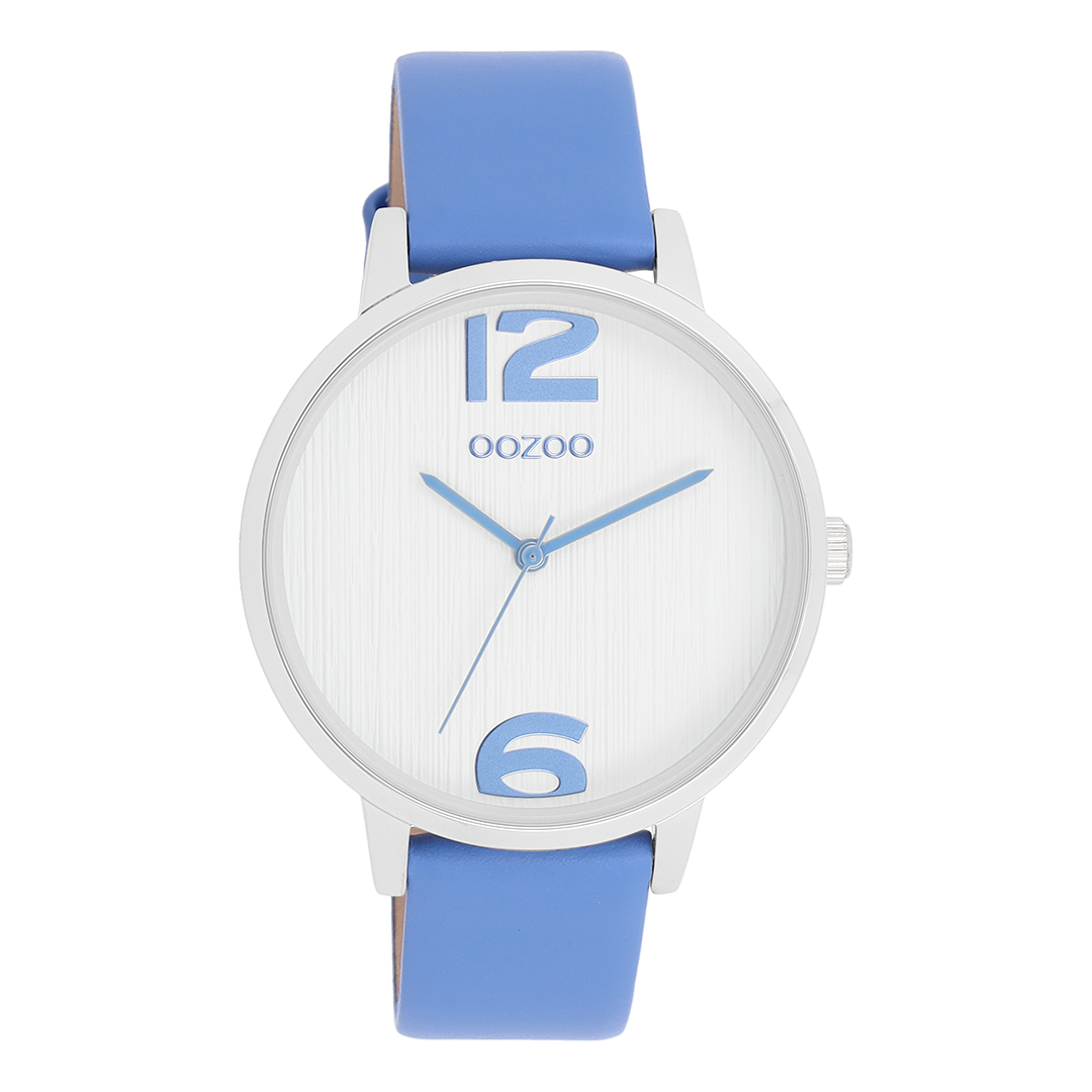 Silver coloured OOZOO watch with mineral blue leather strap - C11235