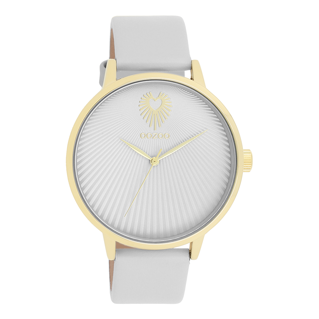 Goudkleurige OOZOO horloge met licht grijze leren band - C11240