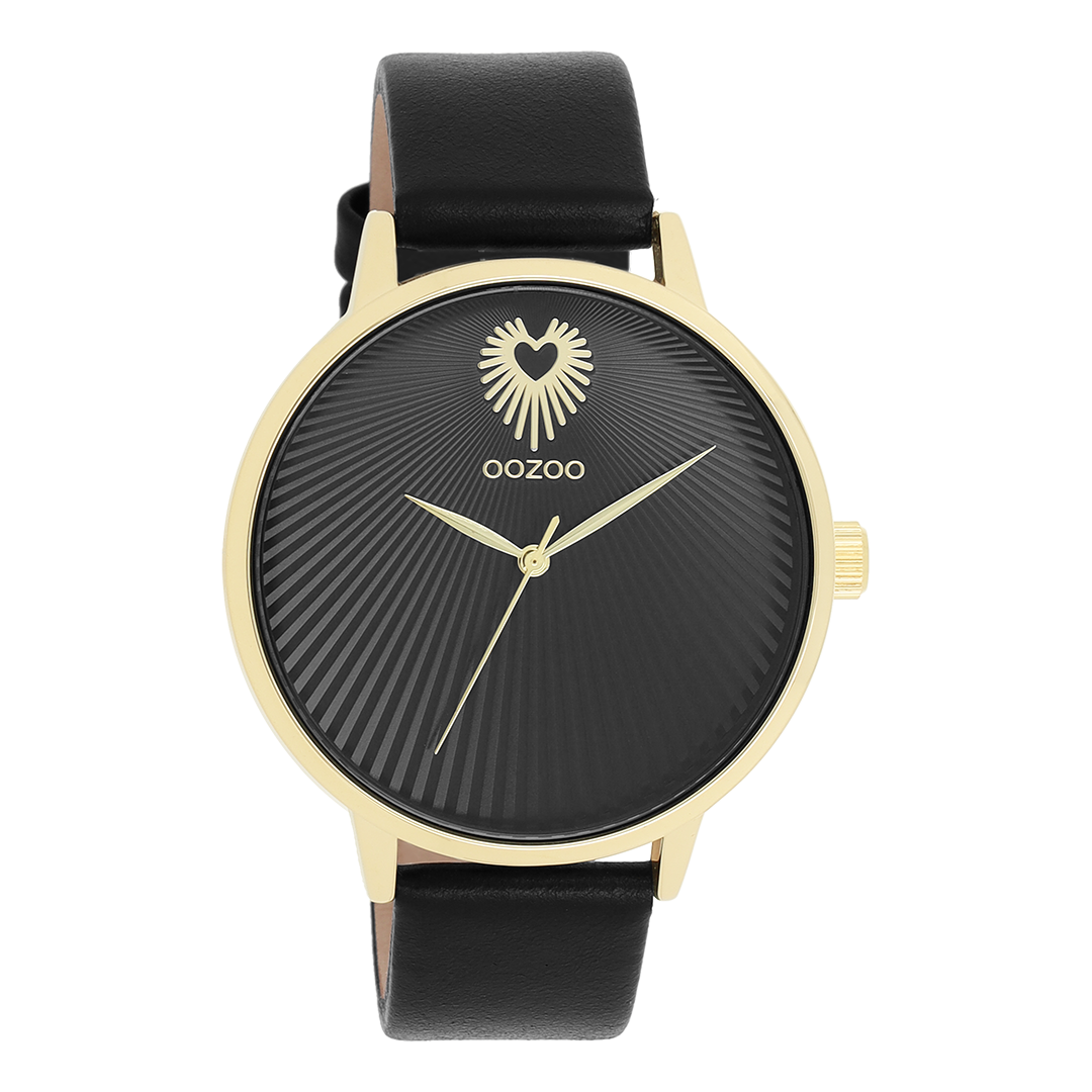 Goudkleurige OOZOO horloge met zwarte leren band - C11242