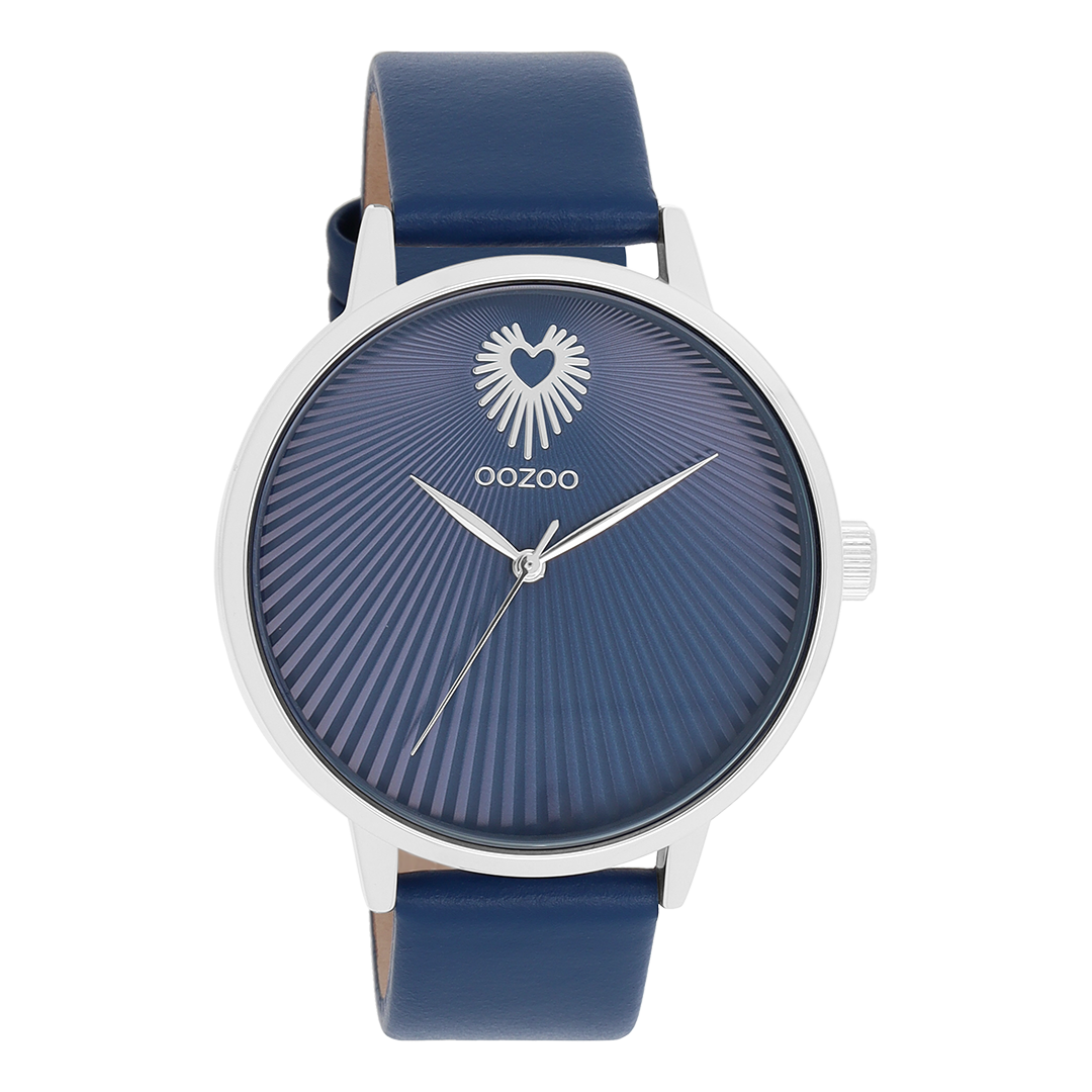 Zilverkleurige OOZOO horloge met blauwe leren band - C11243