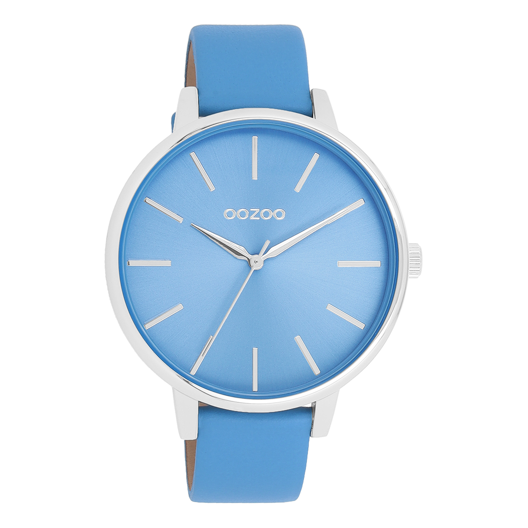 Silver coloured OOZOO watch with mineral blue leather strap - C11296