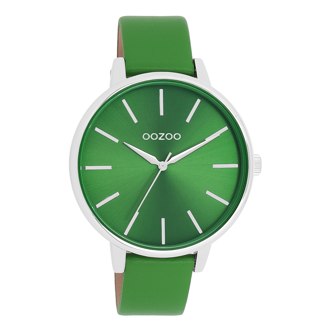 Silver coloured OOZOO watch with green leather strap - C11297