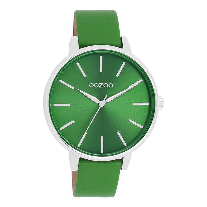 oozoo Zilverkleurige OOZOO horloge met groene leren band C11297