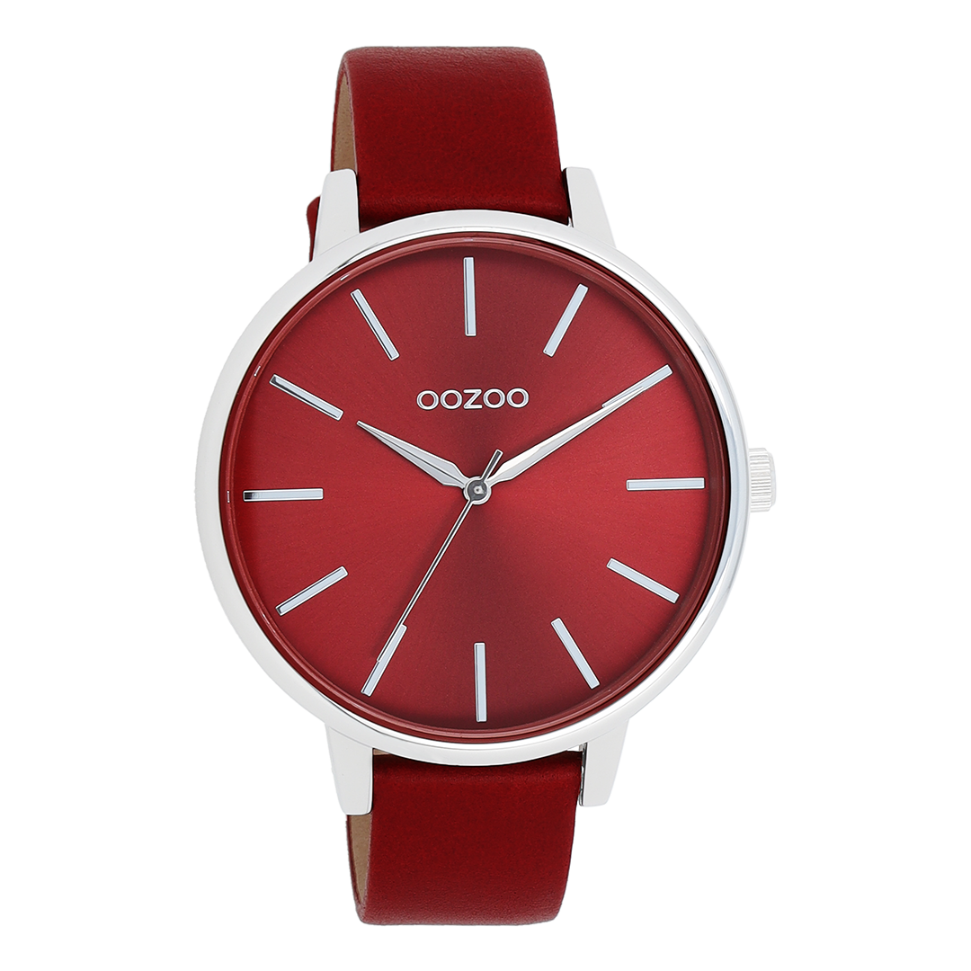 Silver coloured OOZOO watch with dahlia red leather strap - C11299