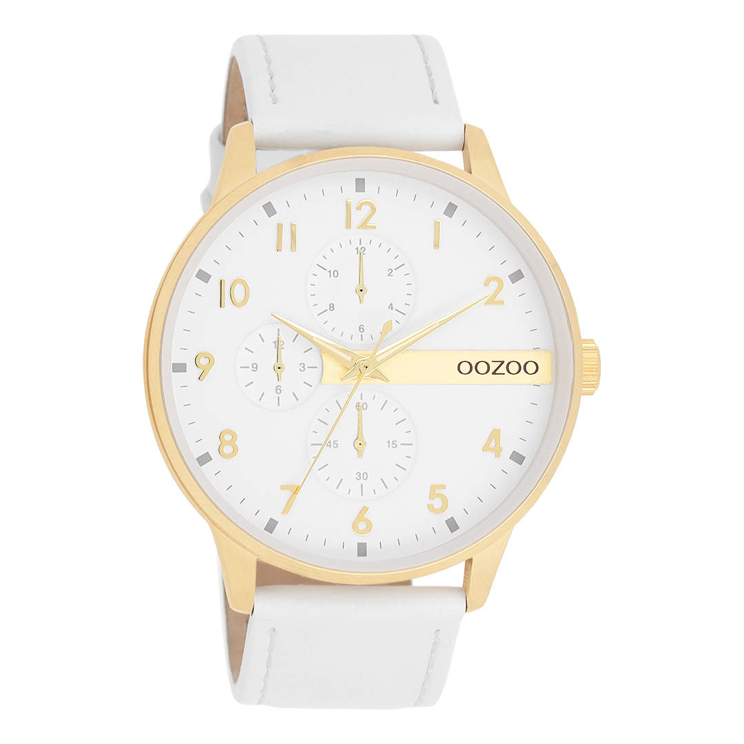 Gold coloured OOZOO watch with white leather strap - C11305
