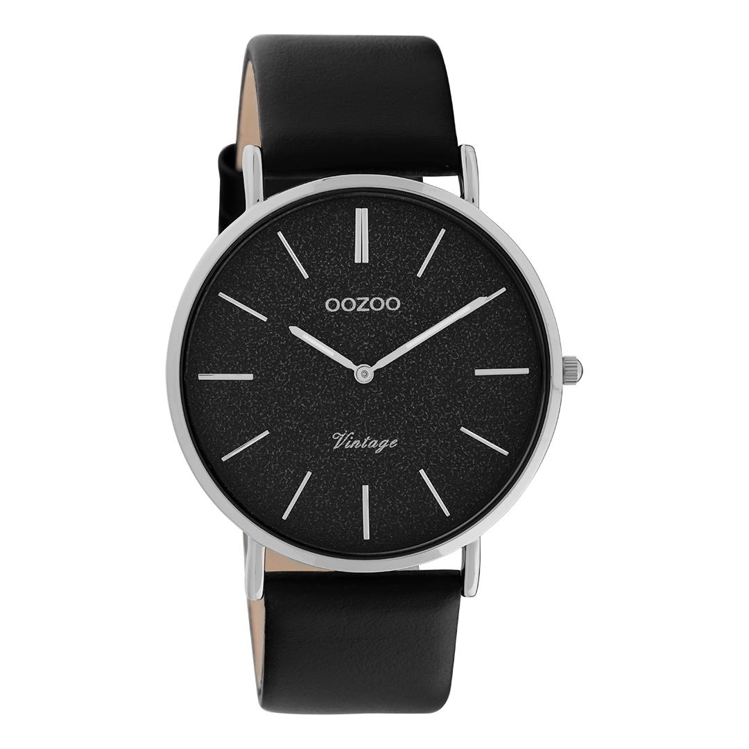 Silver coloured OOZOO watch with black leather strap - C20168