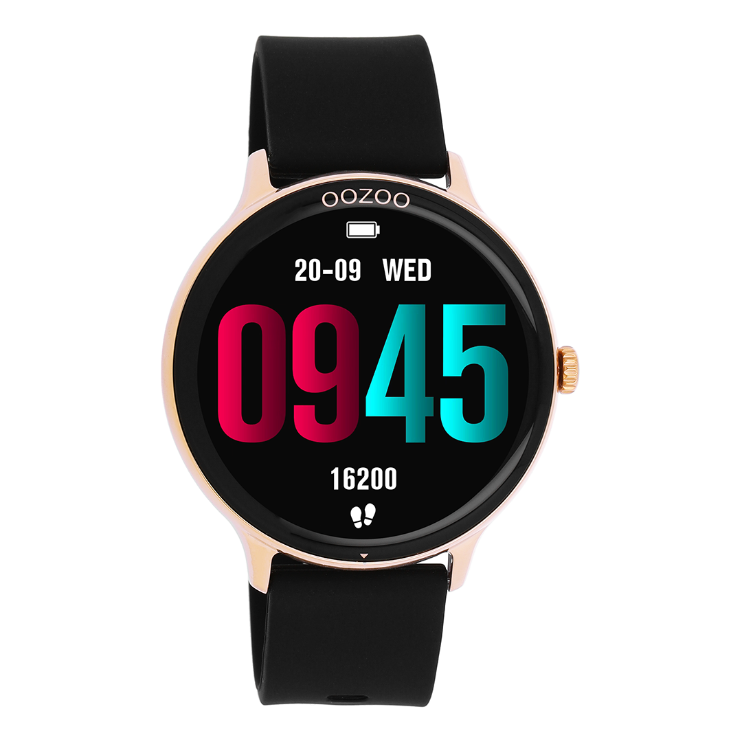 Rose gold coloured OOZOO smartwatch with black rubber strap - Q00133