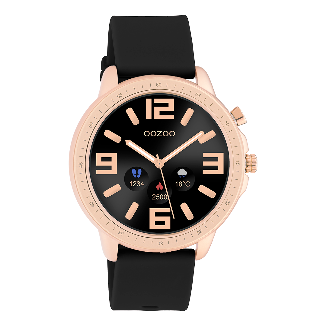 Color de oro rosa OOZOO reloj inteligente con correa de goma negra - Q00303