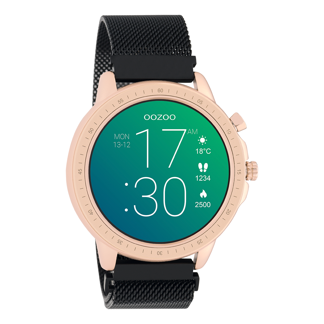 Color de oro rosa OOZOO Smartwatch con brazalete de malla de metal negro - Q00308