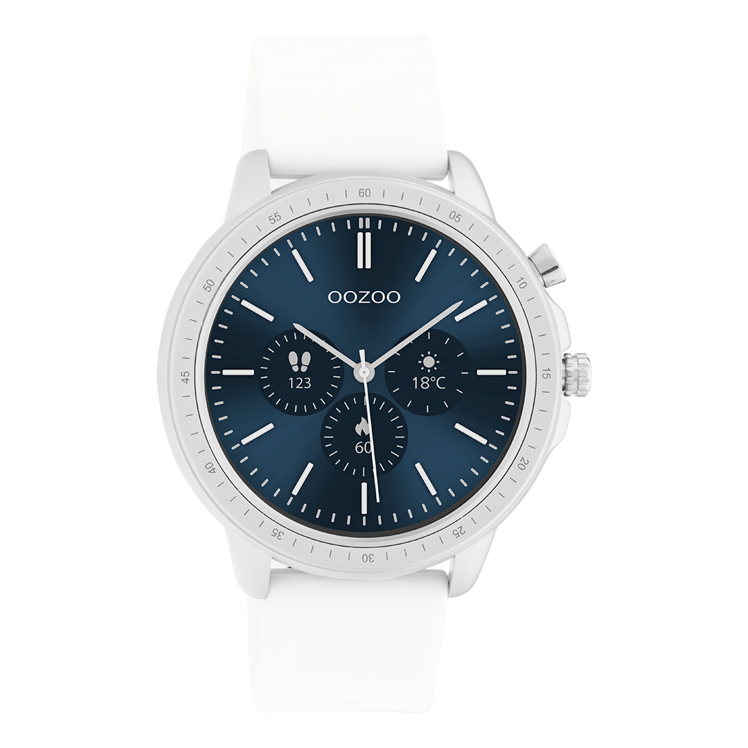 Color plateado OOZOO reloj inteligente con correa de goma blanca - Q00310