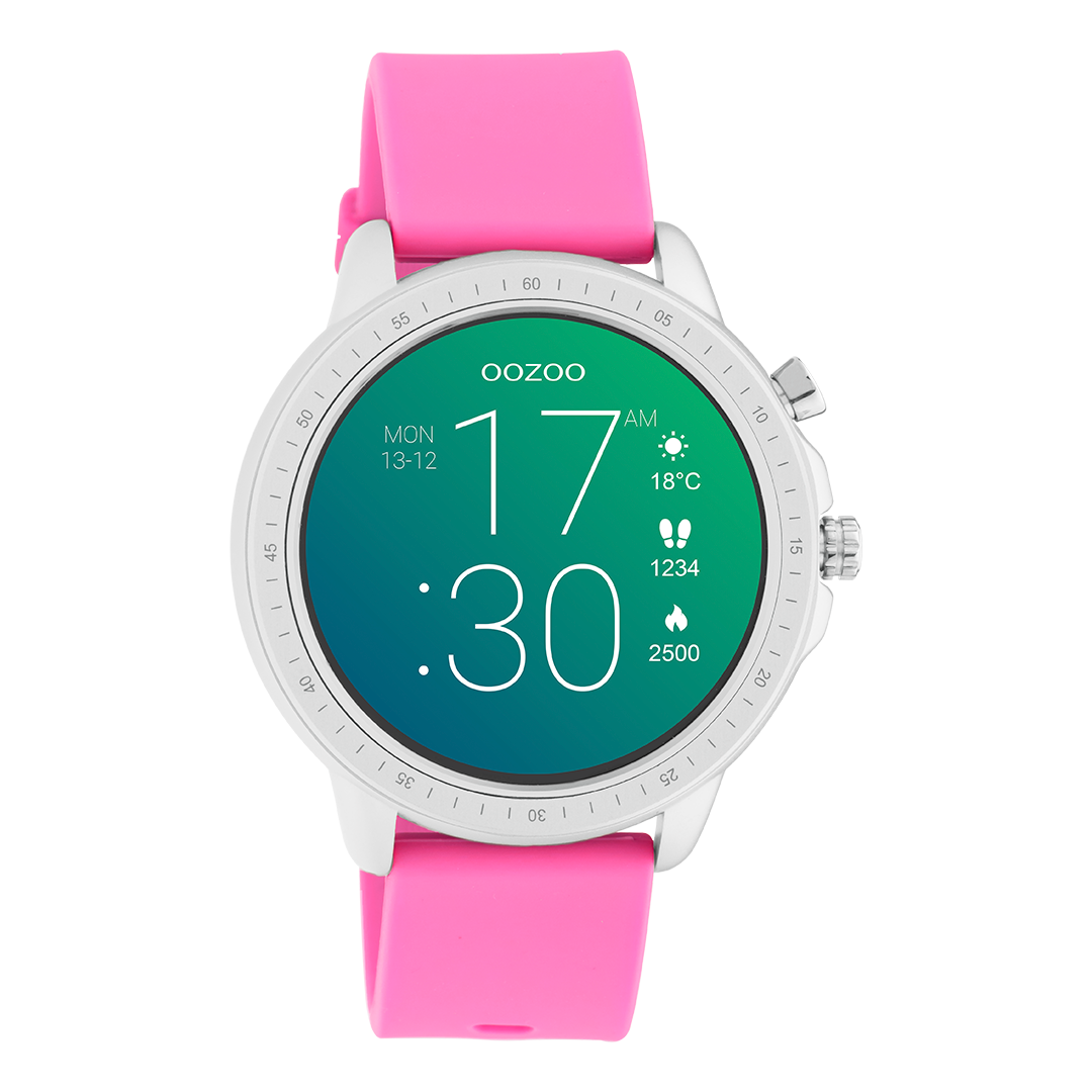 Color plateado OOZOO Smartwatch con correa de goma rosa de frambuesa - Q00314
