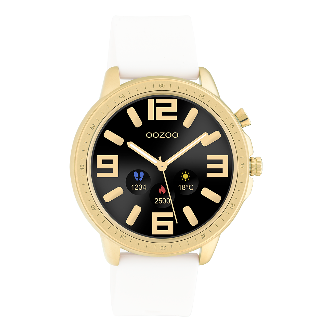 Color dorado OOZOO reloj inteligente con correa de goma blanca - Q00316